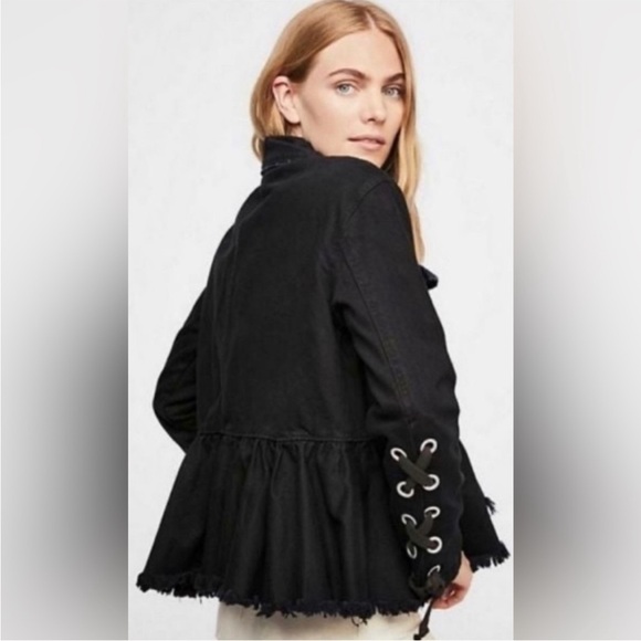 Free People Willow Black Denim Peplum Jacket Lace Up Sleeves - Picture 2 of 4